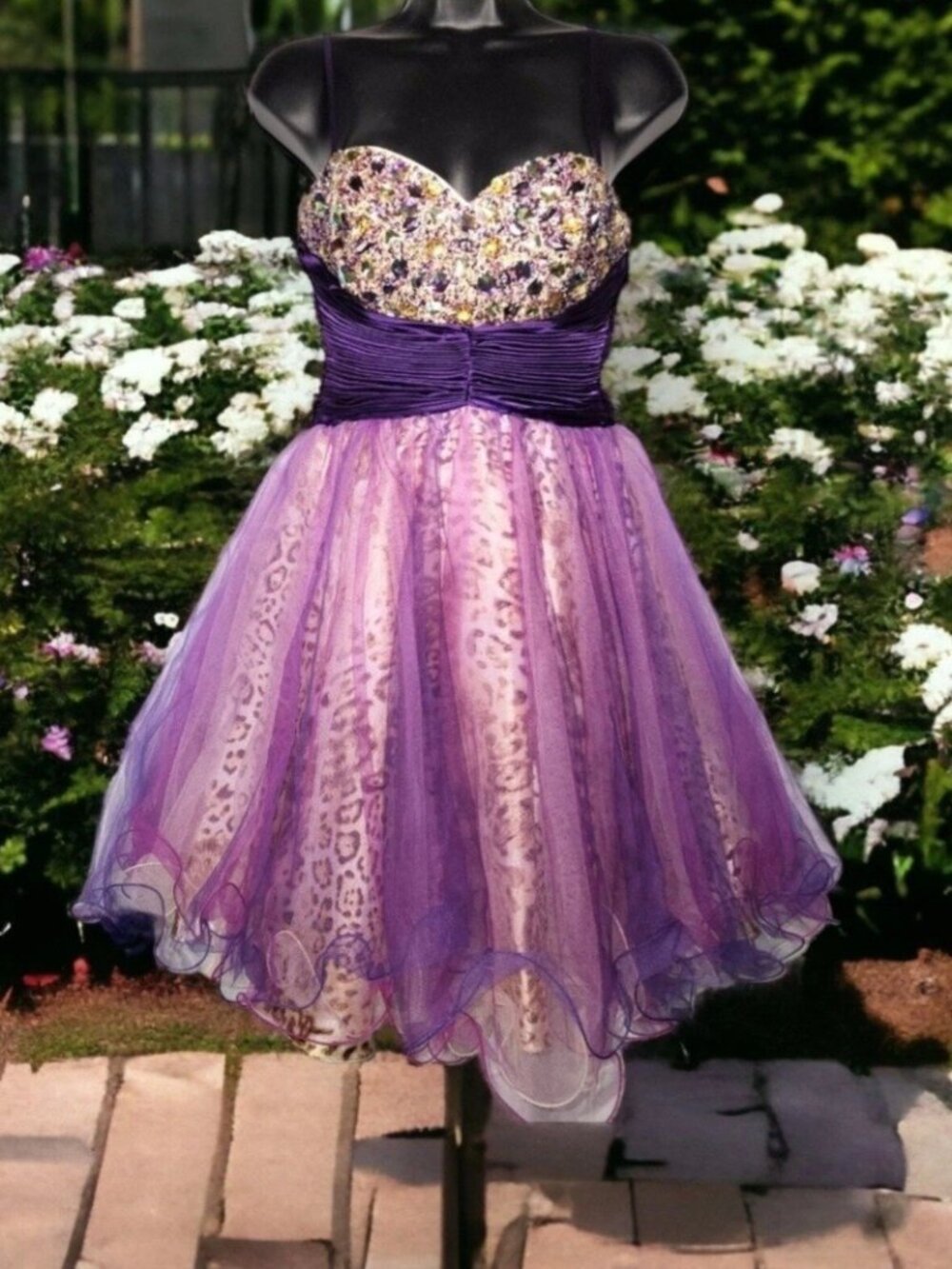 Formal Mini Dress Size 1 / 2 Homecoming Prom Leopard Rhinestones Purple Pink